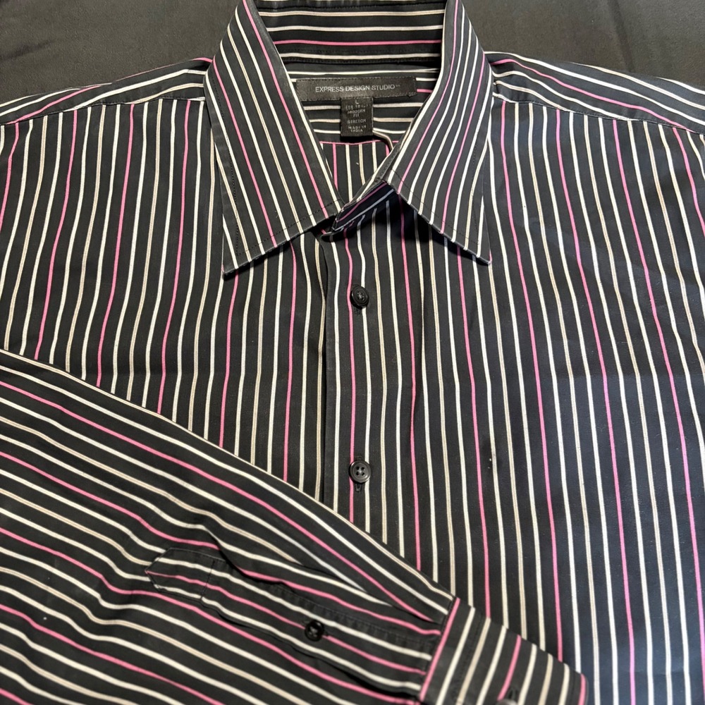 Express Design Studio Mens L‎ Modern Fit Stretch Striped Button Down Shirt Black